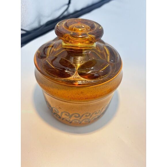 Vintage MCM Japanese Stoneware Small Yellow Crock with Brown Lid Sugar Bowl Butt - Picture 13 of 15